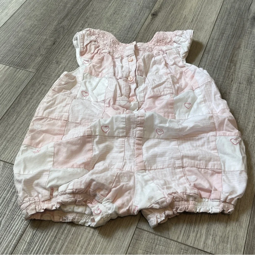Janie and Jack Pink Patchwork Heart Romper - Fully Lined 6-12M Summer Outfit